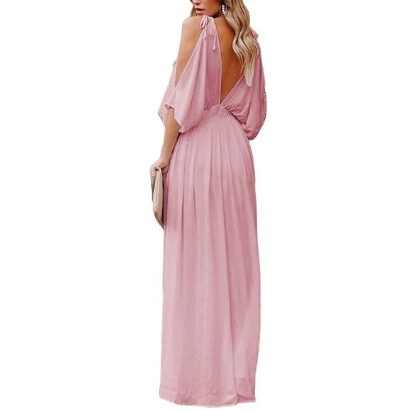 DEEPSELF Women Summer V Neck Cold Shoulder Short Sleeve Maxi Dress High Waist S - Picture 2 of 10